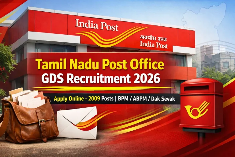 Create a professional news-style blog featured image for "Tamil Nadu Post Office GDS Recruitment 2026". Include an Indian post office building in the background with clear "India Post" signage, subtle Tamil Nadu map outline watermark, and official government recruitment theme. Add bold headline text: "Tamil Nadu Post Office GDS Recruitment 2026" and subheading: "Apply Online – 2009 Posts | BPM / ABPM / Dak Sevak". Use red and yellow color scheme inspired by India Post branding. Add postal elements like envelope, postman bag, and India Post logo style theme (no exact copyrighted logo). Clean layout, modern typography, high contrast, eye-catching, suitable for WordPress featured image, 16:9 ratio, 1280x720 resolution, professional government job news style.