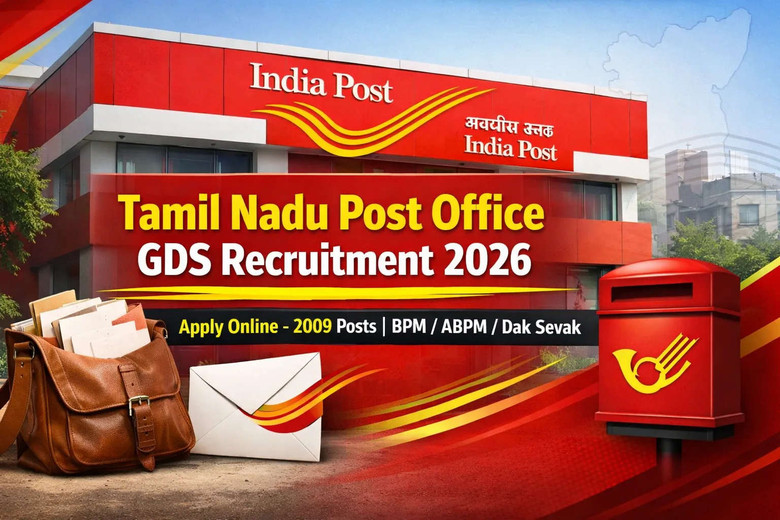 Create a professional news-style blog featured image for "Tamil Nadu Post Office GDS Recruitment 2026". Include an Indian post office building in the background with clear "India Post" signage, subtle Tamil Nadu map outline watermark, and official government recruitment theme. Add bold headline text: "Tamil Nadu Post Office GDS Recruitment 2026" and subheading: "Apply Online – 2009 Posts | BPM / ABPM / Dak Sevak". Use red and yellow color scheme inspired by India Post branding. Add postal elements like envelope, postman bag, and India Post logo style theme (no exact copyrighted logo). Clean layout, modern typography, high contrast, eye-catching, suitable for WordPress featured image, 16:9 ratio, 1280x720 resolution, professional government job news style.
